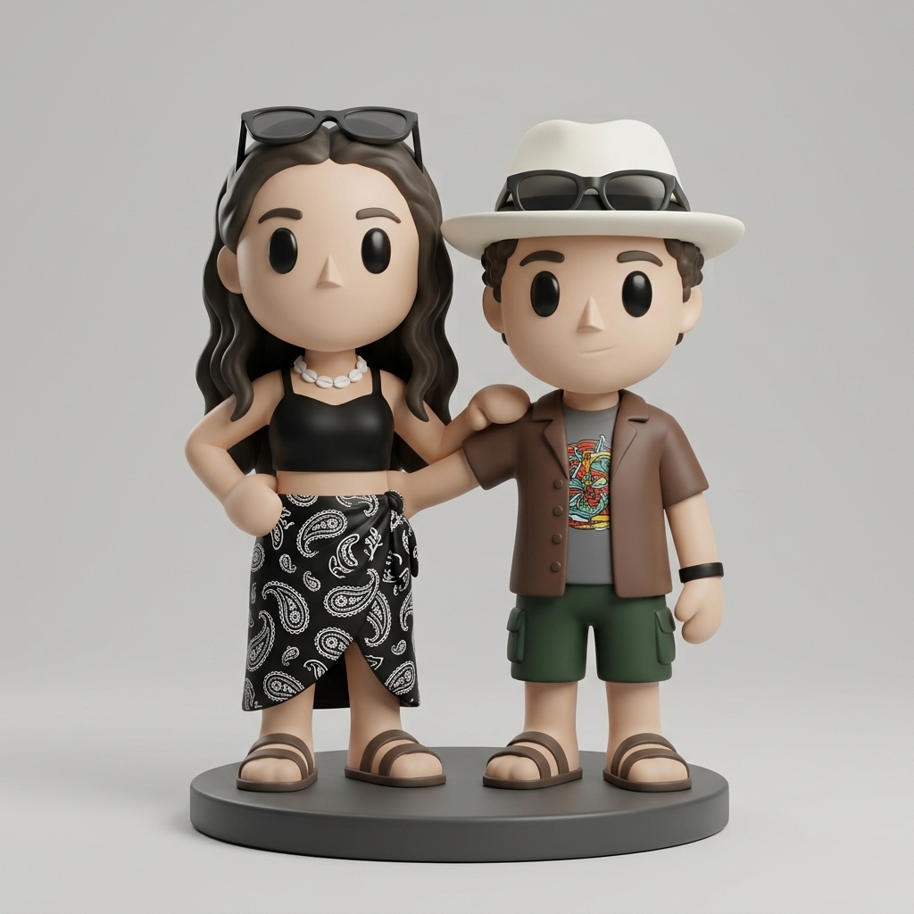 Figuras de una pareja en ropa de playa con sombrero, gafas de sol y sandalias, sobre una base circular gris