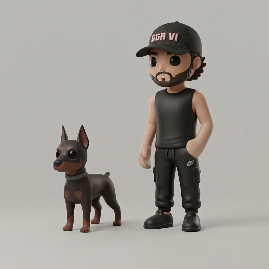 Figura de un hombre con gorra agachado acariciando el hocico de un dóberman, sobre una base circular negra
