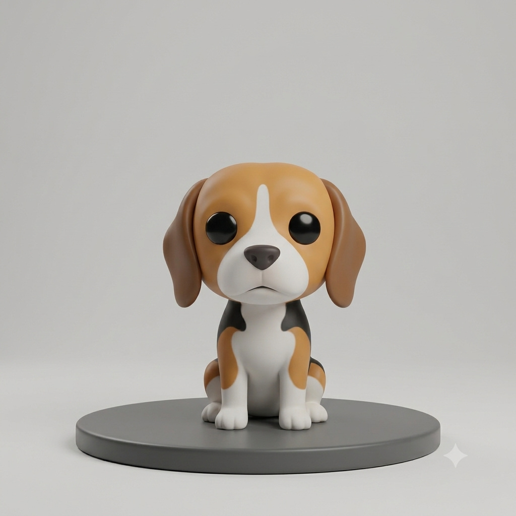 Figura de un beagle sentado sobre una base circular gris