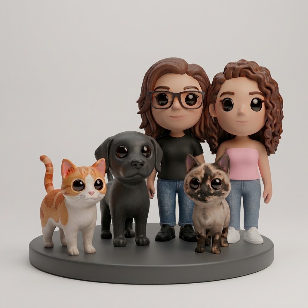 Ilustración de una familia —madre, padre y bebé con orejas de gato— dentro de un medallón circular con fases lunares